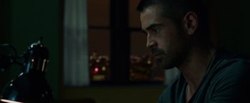Movie still from “Dead Man Down” (2013), directed by Niels Arden Oplev – A person looking at the camera; Close Up shot, Over the shoulder angle