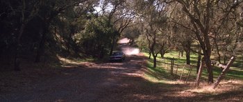 Movie still from “Death Proof” (2007), directed by Quentin Tarantino – A car driving down a dirt road near a forest; Extreme Wide shot, High angle