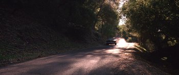 Movie still from “Death Proof” (2007), directed by Quentin Tarantino – A car driving down a road near a wooded area; Extreme Wide shot, High angle