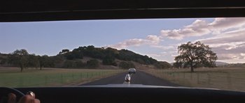 Movie still from “Death Proof” (2007), directed by Quentin Tarantino – A person riding a motorcycle down a road; Extreme Wide shot, High angle