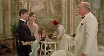 Movie still from “Death on the Nile” (1978), directed by John Guillermin – A group of people standing in a room; Wide shot, Over the shoulder angle