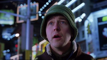 Movie still from “Death to Smoochy” (2002), directed by Danny DeVito – A person wearing a hat; Close Up shot, Low angle