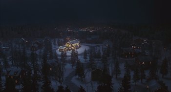 Movie still from “Deck the Halls” (2006), directed by John Whitesell – An aerial view of a house in the middle of the night; Extreme Wide shot, High angle