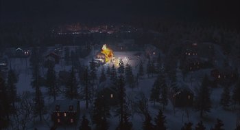 Movie still from “Deck the Halls” (2006), directed by John Whitesell – An aerial view of a house in the middle of the night; Extreme Wide shot, High angle