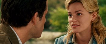Movie still from “Definitely, Maybe” (2008), directed by Adam Brooks – A man and a woman face to face in front of trees; Close Up shot, Over the shoulder angle