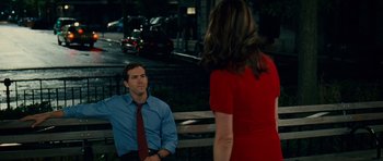 Movie still from “Definitely, Maybe” (2008), directed by Adam Brooks – A man and a woman sitting on a park bench; Medium shot, Over the shoulder angle