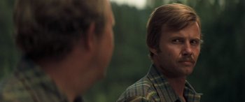 Movie still from “Deliverance” (1972), directed by John Boorman – Two men sitting in front of each other; Close Up shot, Over the shoulder angle
