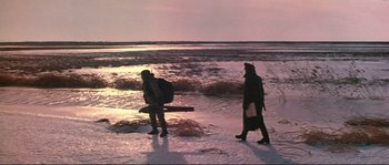 Movie still from “Dersu Uzala” (1975), directed by Akira Kurosawa – Two people walking in the snow at sunset; Wide shot, High angle