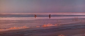 Movie still from “Dersu Uzala” (1975), directed by Akira Kurosawa – Two people are walking on the beach with a surfboard; Extreme Wide shot, High angle