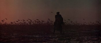 Movie still from “Dersu Uzala” (1975), directed by Akira Kurosawa – A man standing in the middle of a field at night; Extreme Wide shot, Low angle