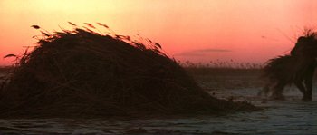 Movie still from “Dersu Uzala” (1975), directed by Akira Kurosawa – The sun is setting over the water and a pile of grass; Extreme Wide shot, Low angle
