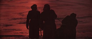 Movie still from “Dersu Uzala” (1975), directed by Akira Kurosawa – Two people standing on the beach at sunset; Medium shot, Low angle