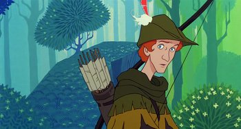 Movie still from “The Last Unicorn” (1982), directed by Jules Bass – An animated robin hood holding a bow and arrow; Medium shot, Low angle
