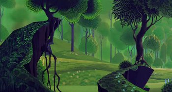 Movie still from “The Last Unicorn” (1982), directed by Jules Bass – An illustration of a forest with trees and grass in the foreground; Extreme Wide shot, High angle