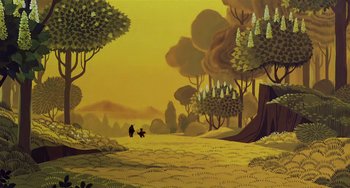 Movie still from “The Last Unicorn” (1982), directed by Jules Bass – A painting of two people walking through a field; Extreme Wide shot, High angle