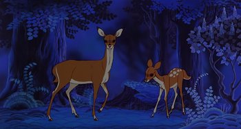 Movie still from “The Last Unicorn” (1982), directed by Jules Bass – A painting of a deer and a baby deer; Wide shot, High angle