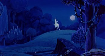 Movie still from “The Last Unicorn” (1982), directed by Jules Bass – A painting of a white unicorn standing on top of a hill at night; Extreme Wide shot, Low angle