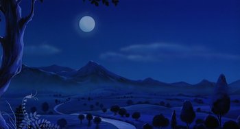 Movie still from “The Last Unicorn” (1982), directed by Jules Bass – A painting of a night sky with a full moon; Extreme Wide shot, Low angle