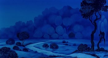 Movie still from “The Last Unicorn” (1982), directed by Jules Bass – A painting of trees in the middle of a snowy field; Extreme Wide shot, High angle