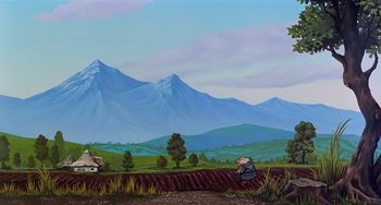 Movie still from “The Last Unicorn” (1982), directed by Jules Bass – A painting of a farm with a mountain in the background; Extreme Wide shot, Low angle