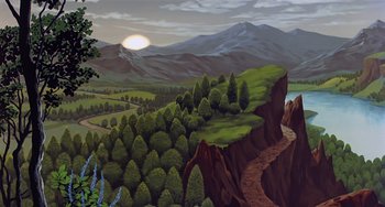 Movie still from “The Last Unicorn” (1982), directed by Jules Bass – An oil painting of a valley with a river and mountains in the background; Extreme Wide shot, High angle