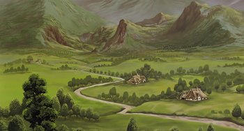 Movie still from “The Last Unicorn” (1982), directed by Jules Bass – An oil painting of a green valley with mountains in the background; Extreme Wide shot, High angle