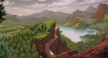 Movie still from “The Last Unicorn” (1982), directed by Jules Bass – A painting of a mountain with a horse on a path; Extreme Wide shot, High angle