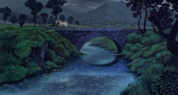 Movie still from “The Last Unicorn” (1982), directed by Jules Bass – A painting of a bridge over a river with a horse on it; Extreme Wide shot, High angle