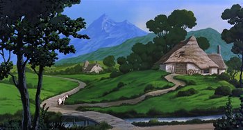 Movie still from “The Last Unicorn” (1982), directed by Jules Bass – A painting of a rural scene with a horse and rider on a path leading up to a house; Extreme Wide shot, Low angle