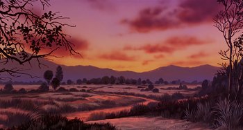 An oil painting of a sunset over a field