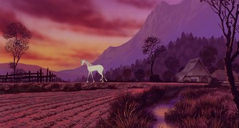 Movie still from “The Last Unicorn” (1982), directed by Jules Bass – A painting of a unicorn in the middle of a field with mountains in the background; Extreme Wide shot, Low angle