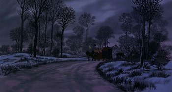 Movie still from “The Last Unicorn” (1982), directed by Jules Bass – A horse drawn carriage traveling down a road at night; Extreme Wide shot, High angle