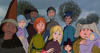 Movie still from “The Last Unicorn” (1982), directed by Jules Bass – A group of people standing next to each other in front of trees; Medium shot, High angle