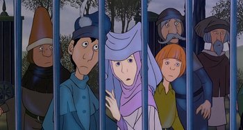 Movie still from “The Last Unicorn” (1982), directed by Jules Bass – A group of people standing next to each other in a room; Medium shot, Low angle