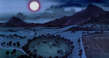 Movie still from “The Last Unicorn” (1982), directed by Jules Bass – A painting of an owl flying in the night sky; Extreme Wide shot, High angle