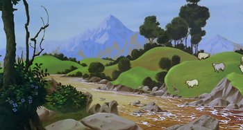 Movie still from “The Last Unicorn” (1982), directed by Jules Bass – A painting of a mountain and a river; Extreme Wide shot, Low angle