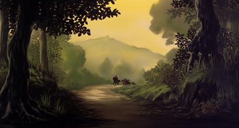 Movie still from “The Last Unicorn” (1982), directed by Jules Bass – A painting of people on horseback riding down a road; Extreme Wide shot, Low angle