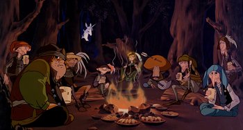 Movie still from “The Last Unicorn” (1982), directed by Jules Bass – A group of people sitting around a fire pit; Wide shot, High angle
