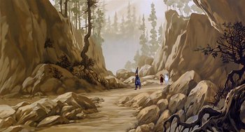 Movie still from “The Last Unicorn” (1982), directed by Jules Bass – A painting of two people walking on a path in the middle of a forest; Extreme Wide shot, High angle