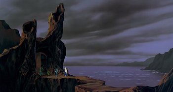 Movie still from “The Last Unicorn” (1982), directed by Jules Bass – A group of people standing on top of a cliff; Extreme Wide shot, Low angle