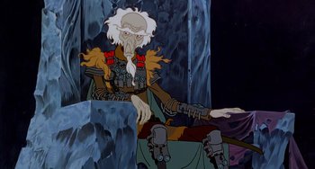 Movie still from “The Last Unicorn” (1982), directed by Jules Bass – An animated character sitting in front of a waterfall; Medium shot, Low angle