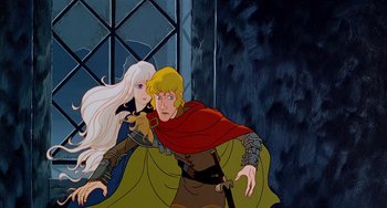 Movie still from “The Last Unicorn” (1982), directed by Jules Bass – A painting of a man and a woman in medieval clothing; Medium shot, Low angle