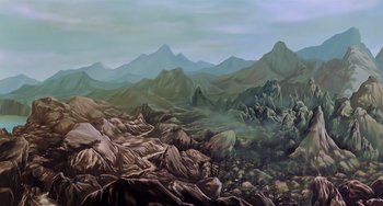 Movie still from “The Last Unicorn” (1982), directed by Jules Bass – An oil painting of a mountain range with a lot of rocks; Extreme Wide shot, High angle