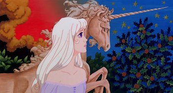 Movie still from “The Last Unicorn” (1982), directed by Jules Bass – A woman standing next to a statue of a unicorn; Medium shot, Low angle