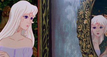 Movie still from “The Last Unicorn” (1982), directed by Jules Bass – A painting of a woman with long hair; Medium shot, Over the shoulder angle