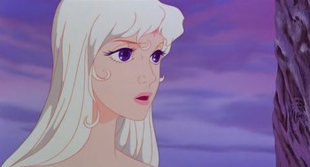 Movie still from “The Last Unicorn” (1982), directed by Jules Bass – A woman's face in a painting style; Close Up shot, Low angle