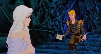 Movie still from “The Last Unicorn” (1982), directed by Jules Bass – A scene from the animated film the black cauldron; Medium shot, Over the shoulder angle