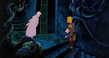 Movie still from “The Last Unicorn” (1982), directed by Jules Bass – A scene from the animated film the sword in the stone; Wide shot, Over the shoulder angle