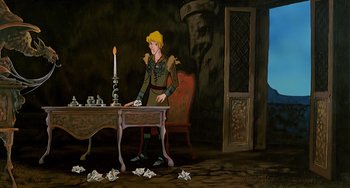 Movie still from “The Last Unicorn” (1982), directed by Jules Bass – A painting of a man sitting at a table with a lit candle; Wide shot, High angle