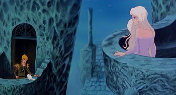 Movie still from “The Last Unicorn” (1982), directed by Jules Bass – A painting of a woman sitting on a rock in the water; Wide shot, High angle